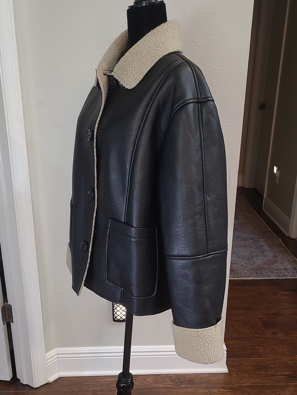 ASOS Black Faux Leather Aviator Jacket with Cream Sherpa Collar